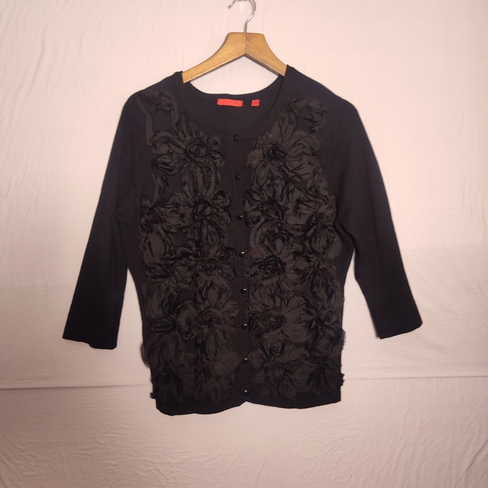 Red Black Floral Rosette Applique 3/4 Sleeve Button Front Cardigan Sweater XL